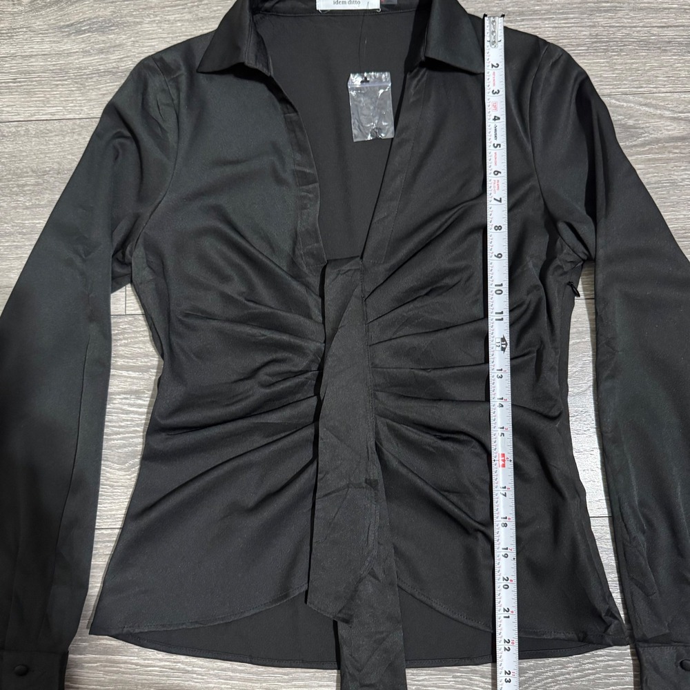 Idem Ditto Black Ruched Front Long Sleeve Collared Button Down Gothic Shirt M - Picture 11 of 14